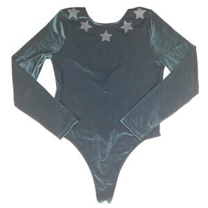 Victoria Sport Green Velour with Stars Embellishment Long Sleeve Bodysuit Sz L